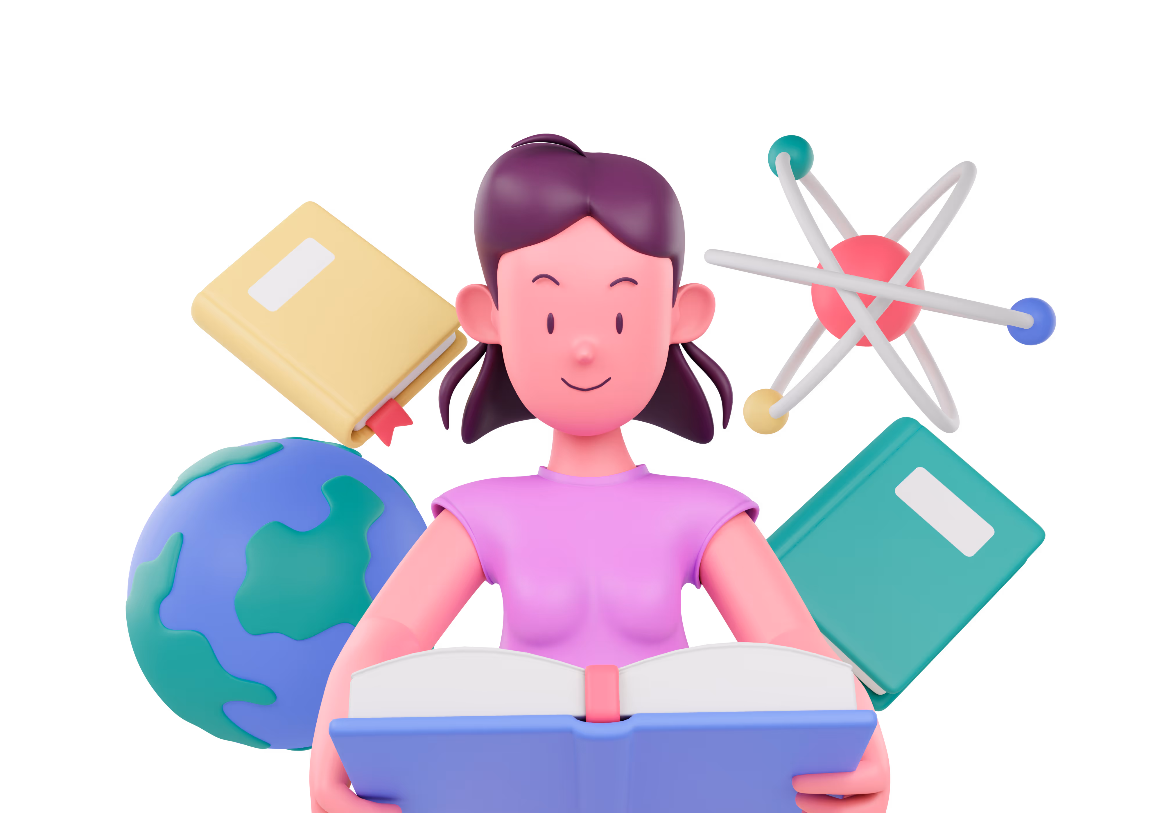A Girl with book open in front of her surrounded by a globe books and neutron